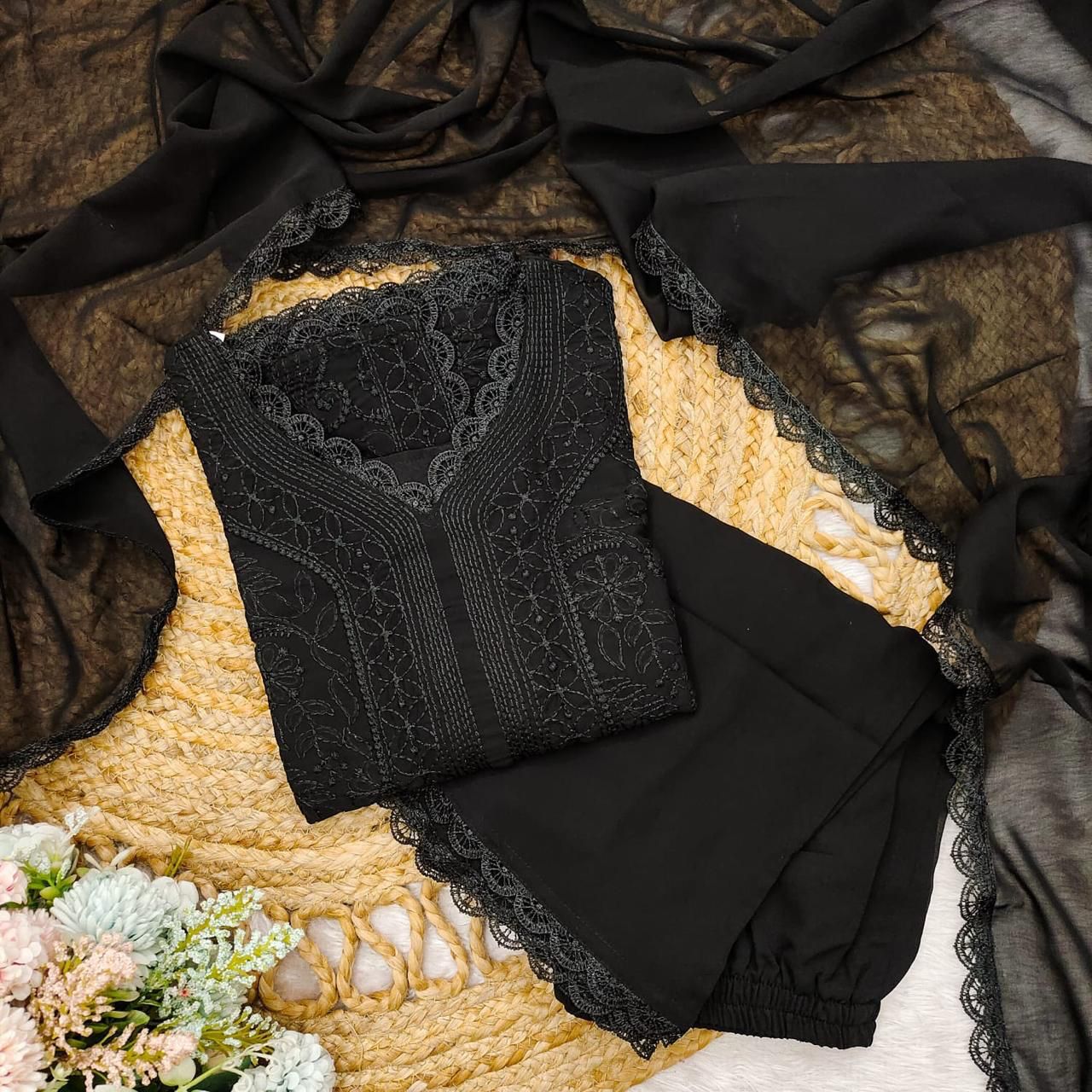 Black Georgette Chikankari Embroidery Kurta With Pant And Dupatta For Women
