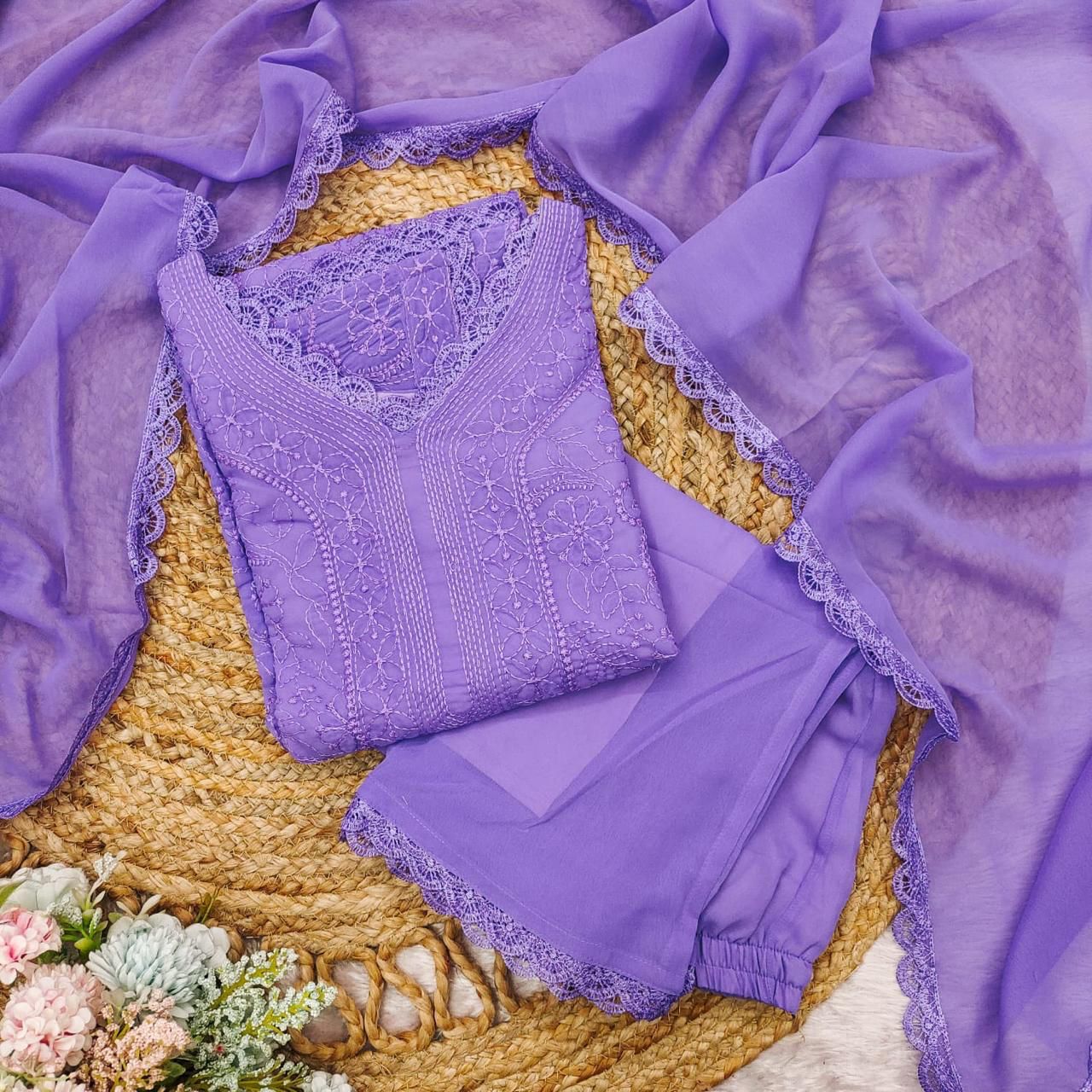 Lavender Georgette Chikankari Embroidery Kurta With Pant And Dupatta For Women