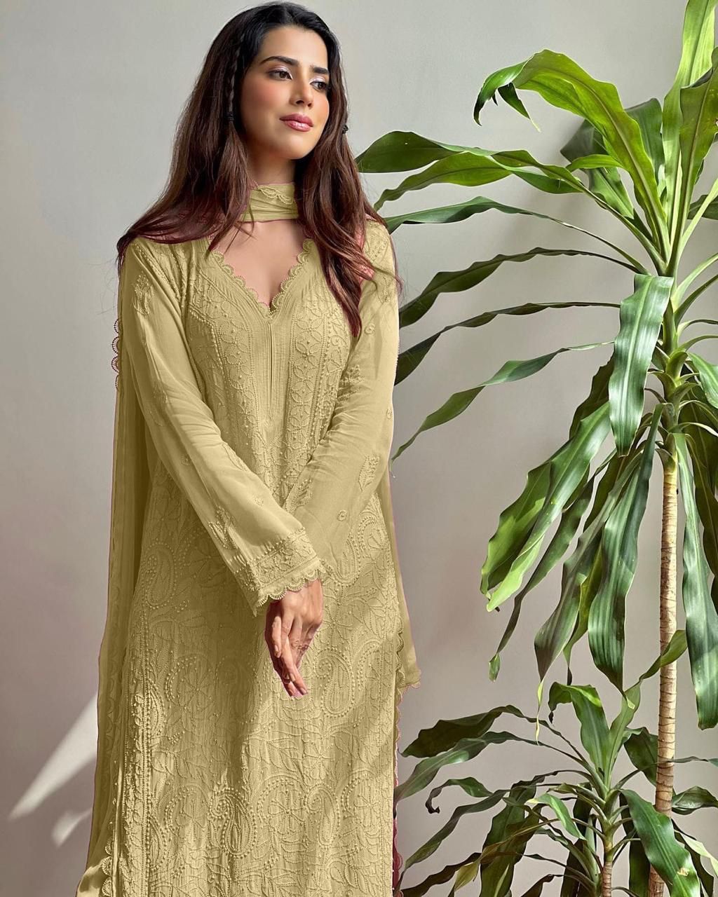 Pastel Lime Georgette Chikankari Embroidery Kurta With Pant And Dupatta For Women