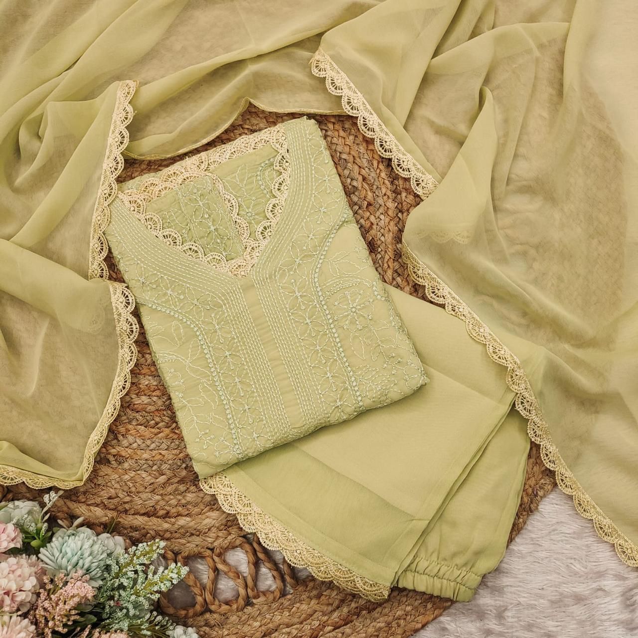 Pastel Lime Georgette Chikankari Embroidery Kurta With Pant And Dupatta For Women