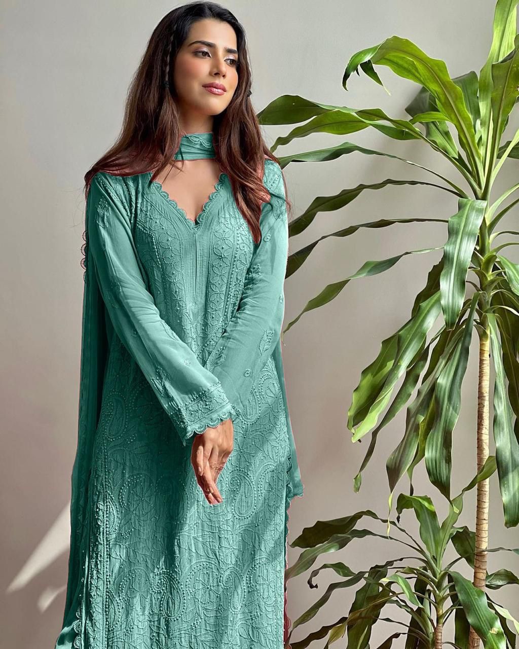 Pastel Teal Georgette Chikankari Embroidery Kurta With Pant And Dupatta For Women