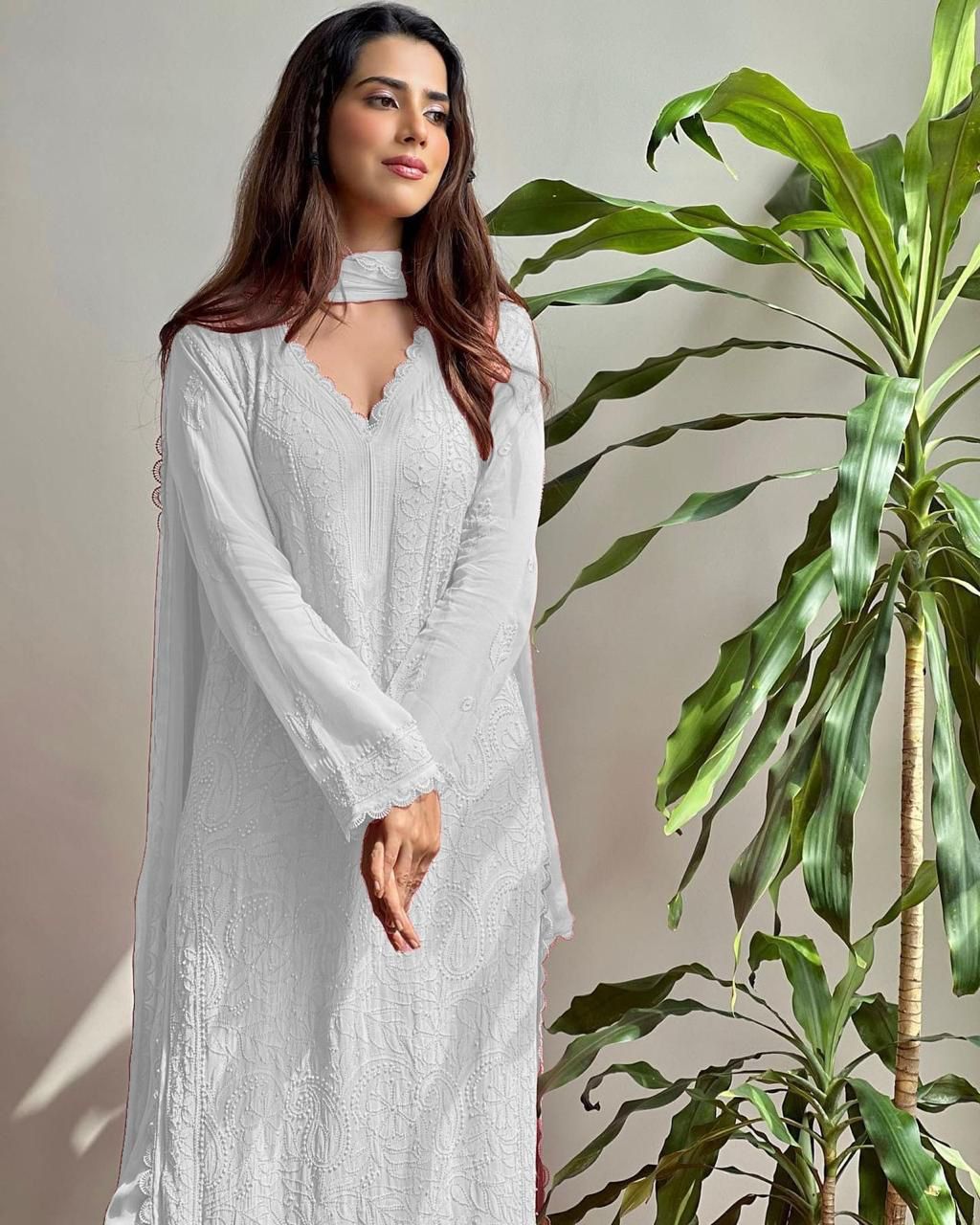 White Georgette Chikankari Embroidery Kurta With Pant And Dupatta For Women
