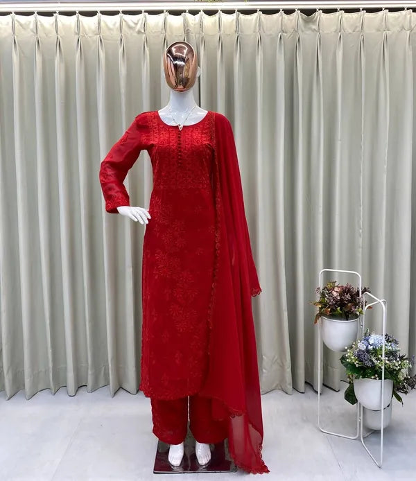 Red Chikankari Kurti Set With Dupatta For Women