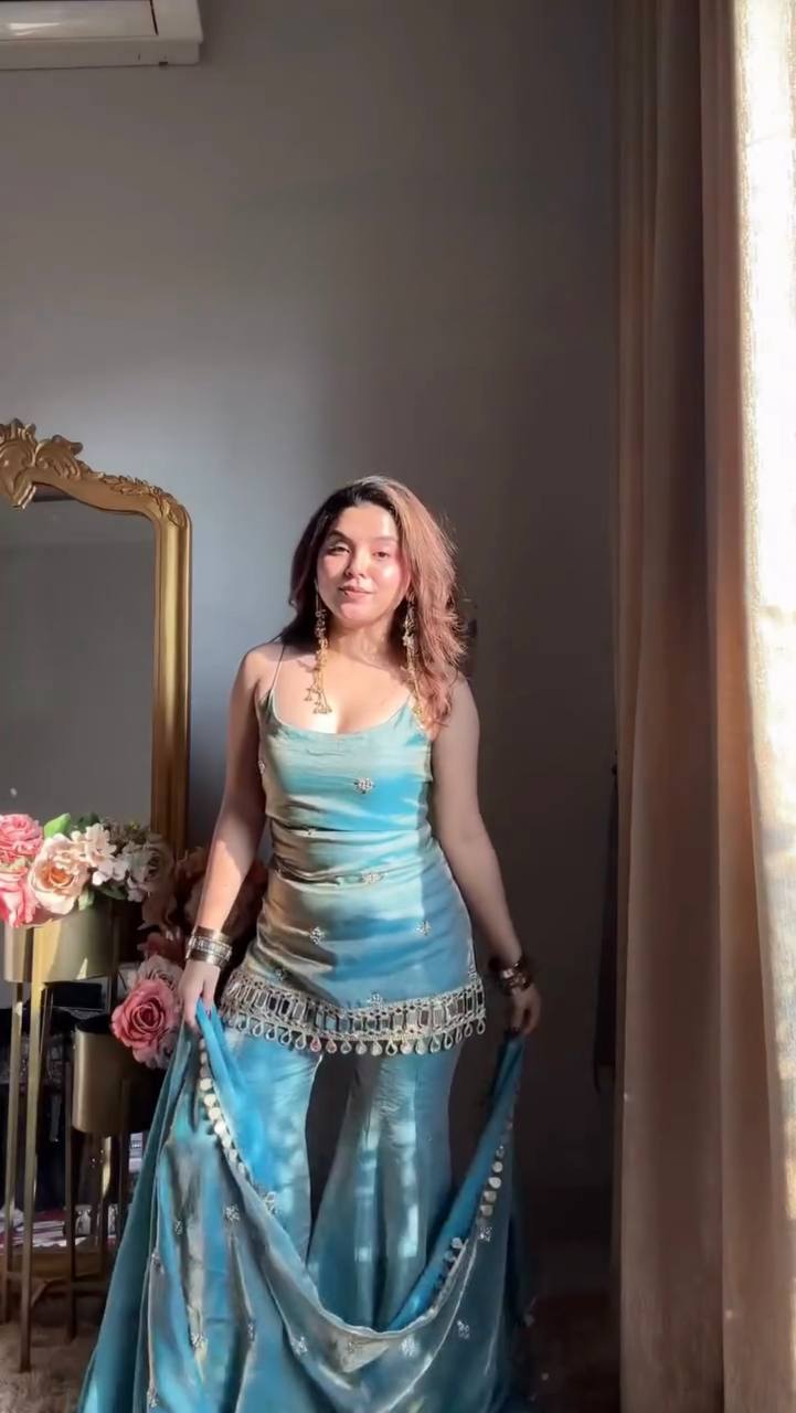 Designer Mirror Work Kurta Palazzo Set for Women – Fendy Silk Party Wear Suit with Dupatta | Wedding, Sangeet