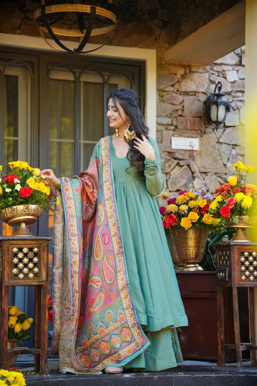 Festive Wear Mehendi Green Kurti Sharara Set with Designer Dupatta